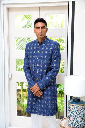 Navy Embroidered Sherwani Set image 3