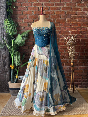 Off White and Blue Corset Lehenga Set image 5