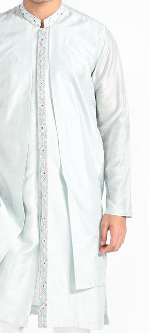 Ice Blue Multicoloured Geometric Motif Achkan Set image 13