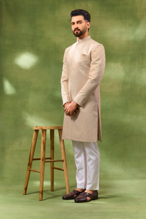 Cream Jacquard Embroidered Sherwani Set image 3