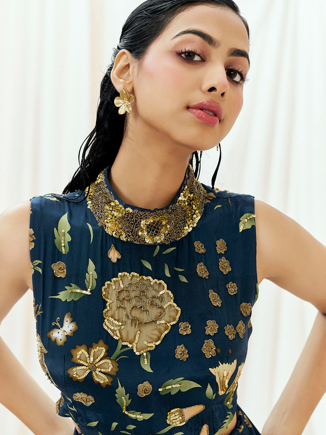 Navy Blue Printed Embroidered Jumpsuit image 1