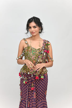 Plum Pre Stitched Tassel Saree Paired with Badla Embroidered Green Corset image 1