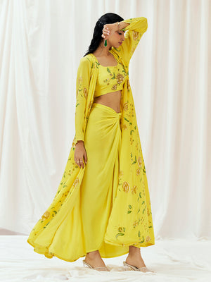 Bright Yellow Printed Embroidered Drape Skirt Set with Jacket image 1