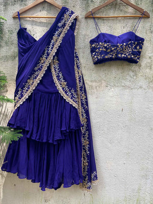 Indigo Blue Ruffled Embroidered Pre-stitched Saree Set image 4