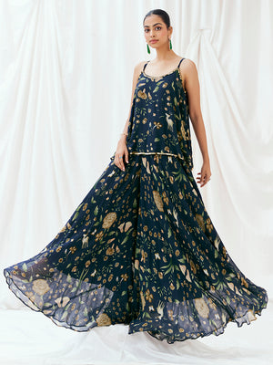 Navy Blue Printed Embroidered Peplum Sharara Set image 2