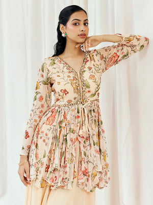 Floral White Printed Embroidered Peplum Sharara Set image 3