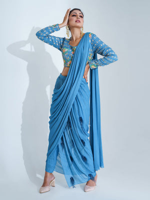 Blue Embroidered Pant Saree Set image 3