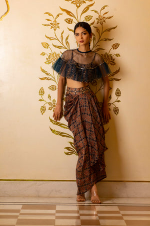 Ajrakh Print Drape Skirt Set - Custom image