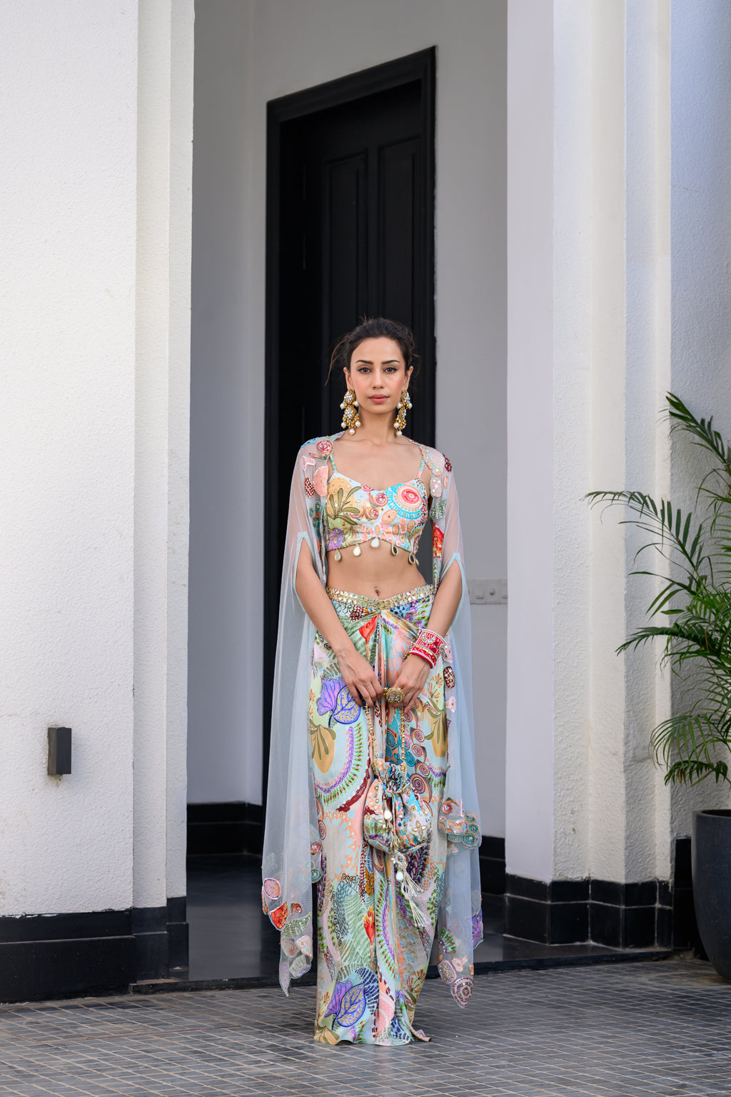 Gardenia Dhoti Skirt Set Paidawn With Highlighted Bralette With Highlighted Applique Cape image 1