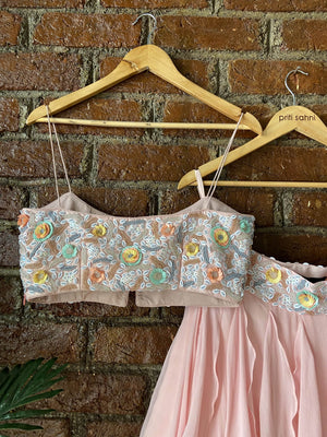 Powder Pink And Grey Ruffle Lehenga Set image 3