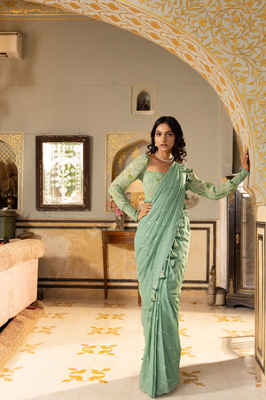 Sage Green Pre-Draped Saree - L image