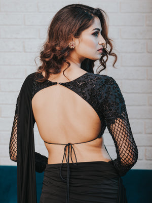 Black Drape Saree Set image 2