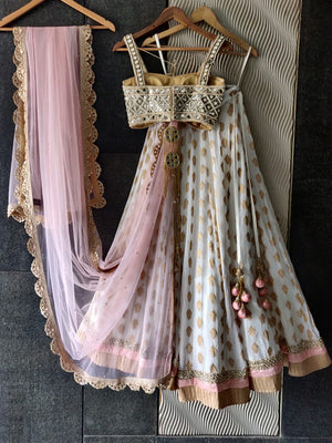 Ivory and Mirror Bustier with Ivory and Blush Pink Lehenga image 1