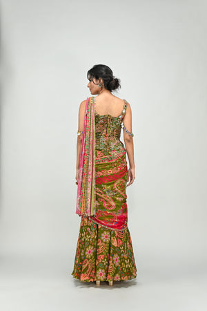 Olive Highlighted Dual Pre Stitched Saree with Green Badla Corset image 2