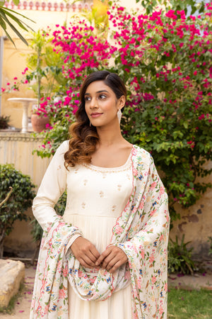 Off White Embroidered Yoke Anarkali Set image 3