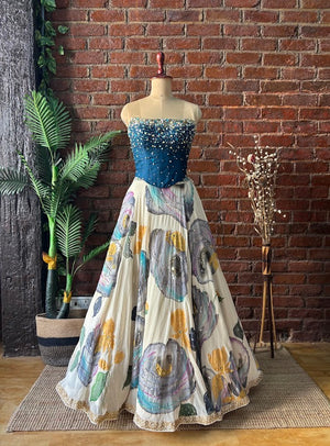 Off White and Blue Corset Lehenga Set image 3