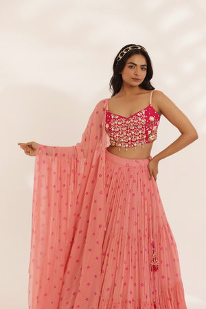 Coral Peach Bandhani Three Tier Lehenga image 2
