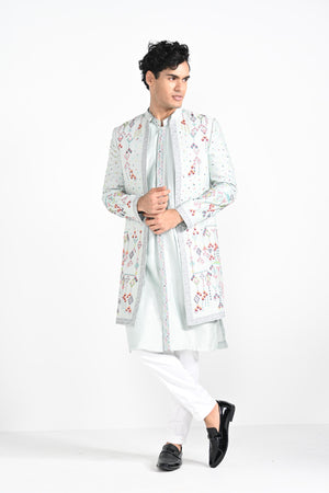 Ice Blue Multicoloured Geometric Motif Achkan Set image 7