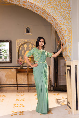 Sage Green Pre-Draped Georgette Saree image 3