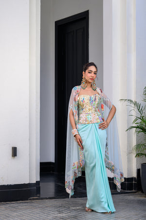 Gardenia Highlighted Corset With Dhoti Skirt And Cape - M image