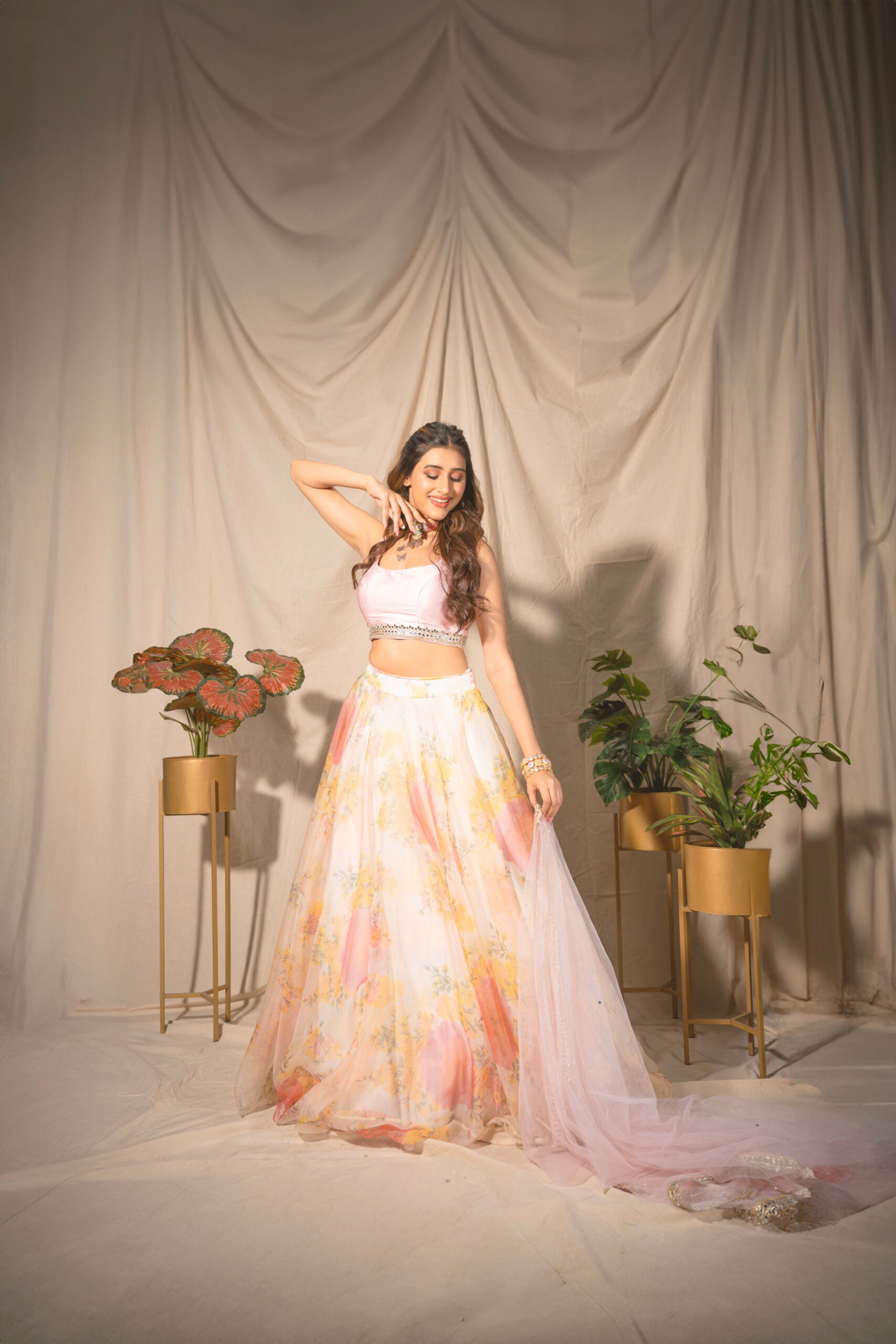 Offwhite & Peach Organaza Lehenga Set image 1