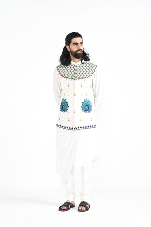 Rajasthani Peacock Work Nehru With a Drape Kurta Set image 2