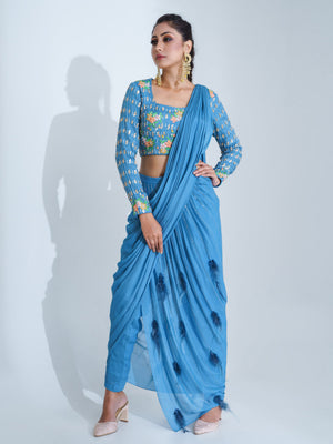 Blue Embroidered Pant Saree Set - S image
