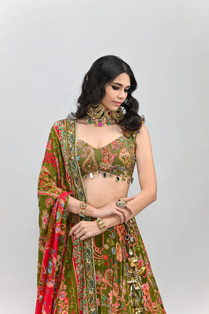 Olive Highlighted Lehenga Paired With Badla Embroidered Olive Blouse and Dual Print Highlighted Dupatta image 2