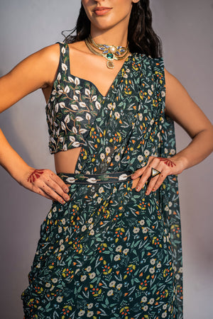 Royal Green Printed And Embroidered Drape Saree Set image 2