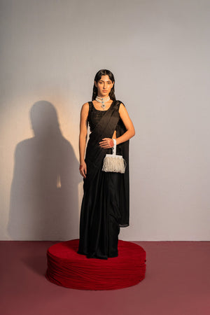 Black Embroidered Drape Saree Set image 5