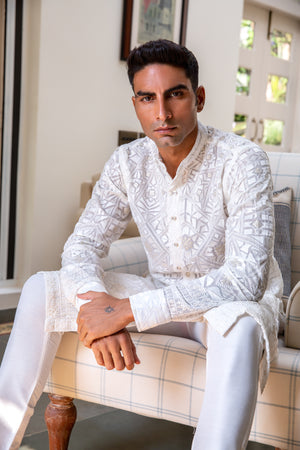 White Lucknowi Shirt Kurta Set image 3