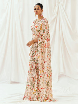 Floral White Printed Embroidered Drape Saree Set - Custom image
