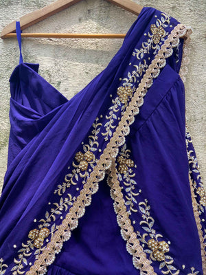 Indigo Blue Ruffled Embroidered Pre-stitched Saree Set image 1