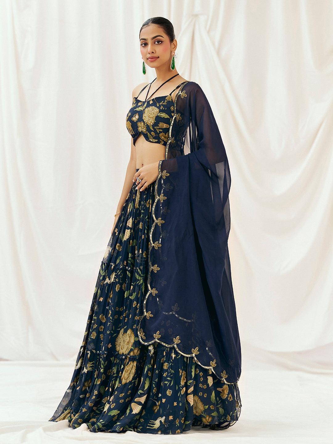 Navy Blue Printed Embroidered Lehenga Set with Dupatta image 1