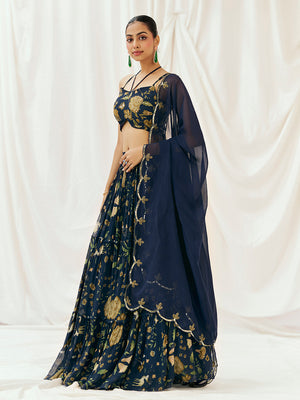 Navy Blue Printed Embroidered Lehenga Set with Dupatta image 1