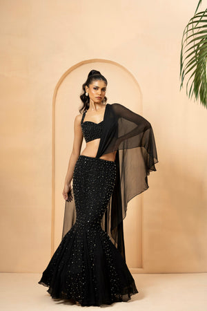 Black Crystal Embellished Drape Lehenga - M image