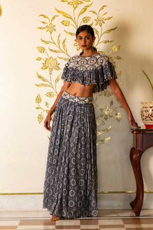 Blue Printed Skirt and Cape Set image 2