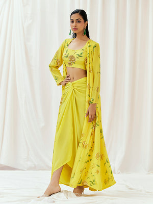 Bright Yellow Printed Embroidered Drape Skirt Set with Jacket image 0