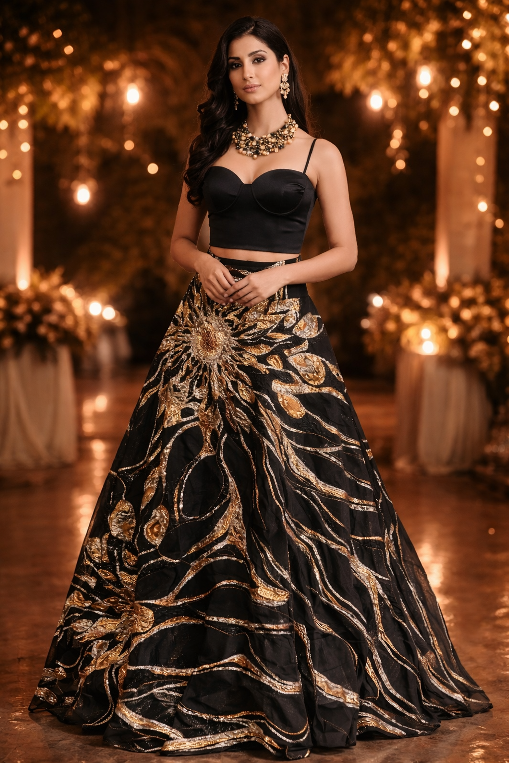 Black Bustier teamed with black and molten gold woven skirt with cancan image 1