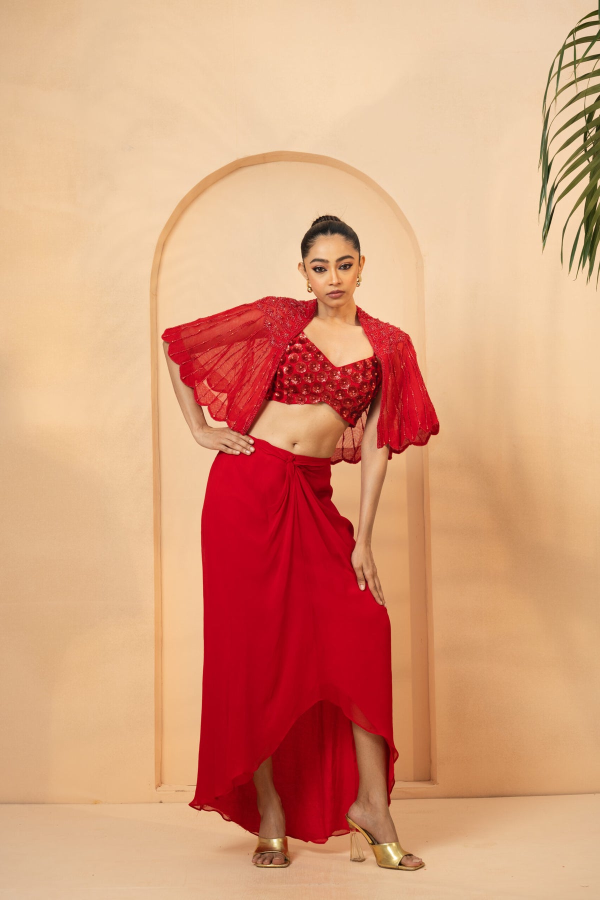 Red Embellished Cape and Dhoti Skirt Co-ord Set image 1
