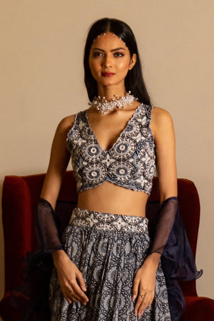 Blue Printed Skirt and Blouse Set image 1