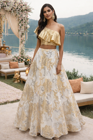 Glam gold one shoulder ruffle blouse with an ivory organza skirt image 1