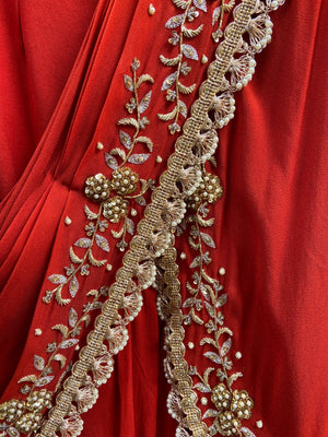 Rust Red pre-stiched Ruffle Saree image 3