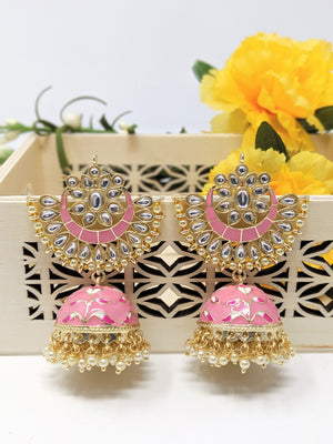 Meenakari Crescent Jhumka - Pink image