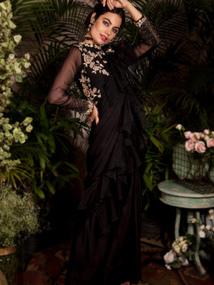 Black Ruffle Pre-Stitched Saree - S image