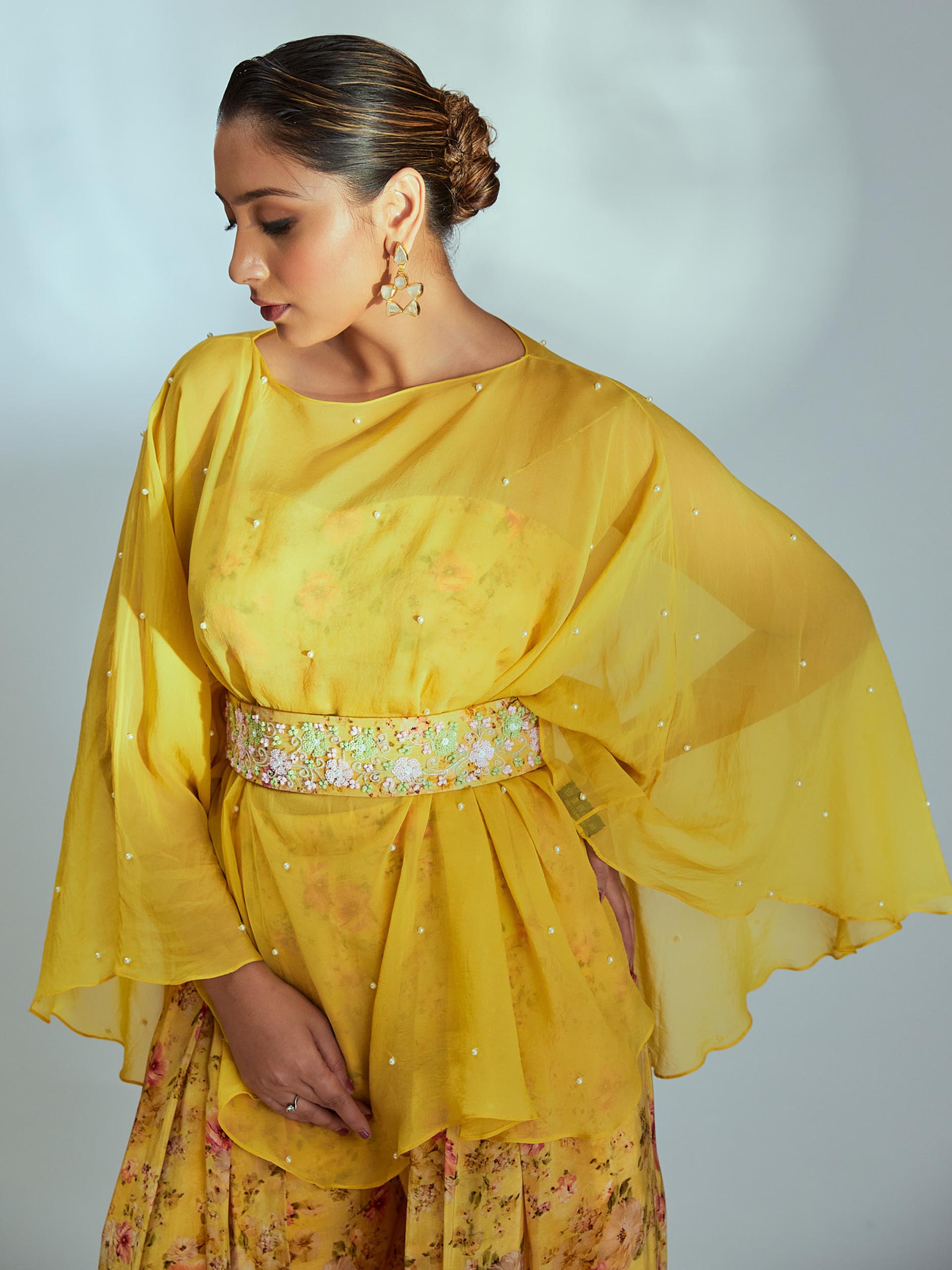 Yellow Floral Print Kaftan Set image 1