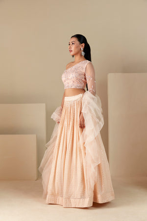 Peach Georgette One Shoulder Lehenga Set image 3