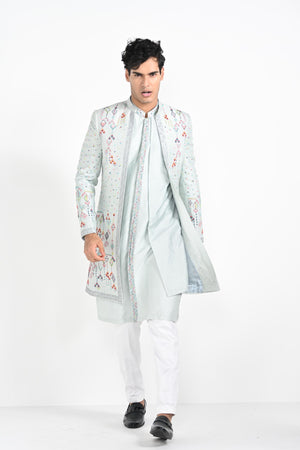 Ice Blue Multicoloured Geometric Motif Achkan Set image 11