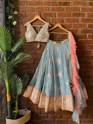 Dusty Blue and Blush Pink Mirror Work Lehenga Set Gown image 3
