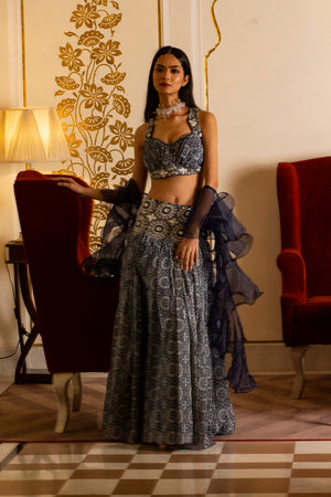 Blue Printed Broad Belt Skirt Set image 0